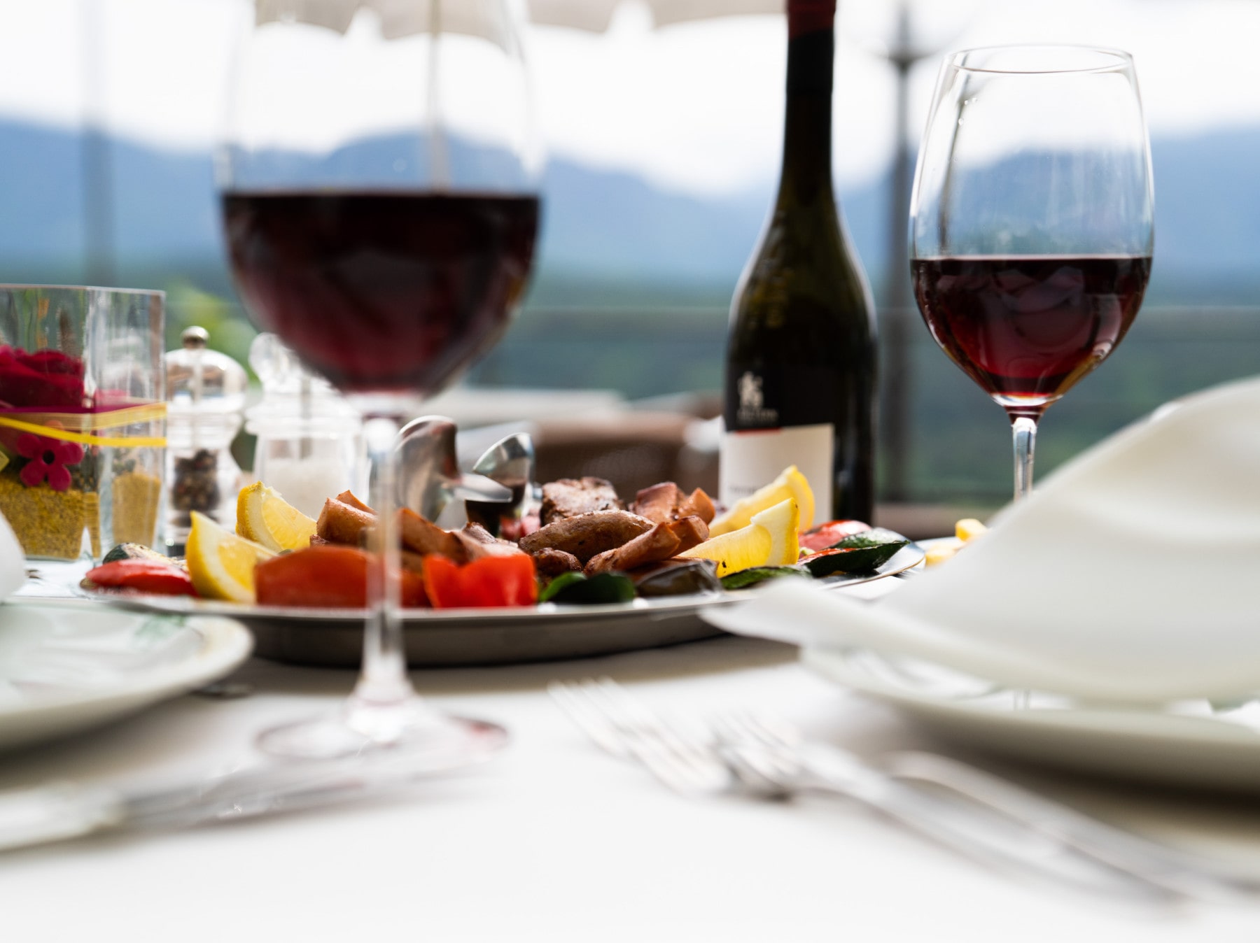 food with wine glass
