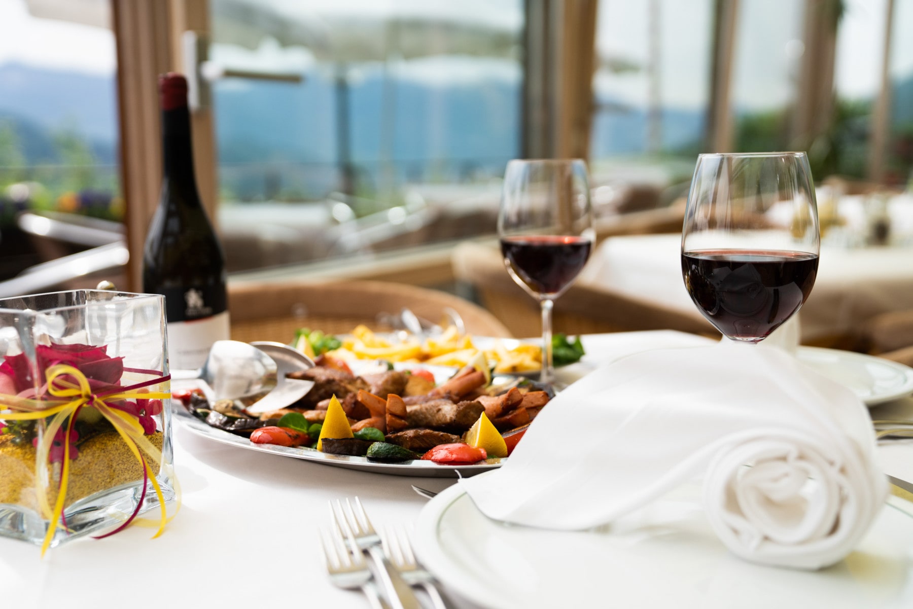 food with wine glass
